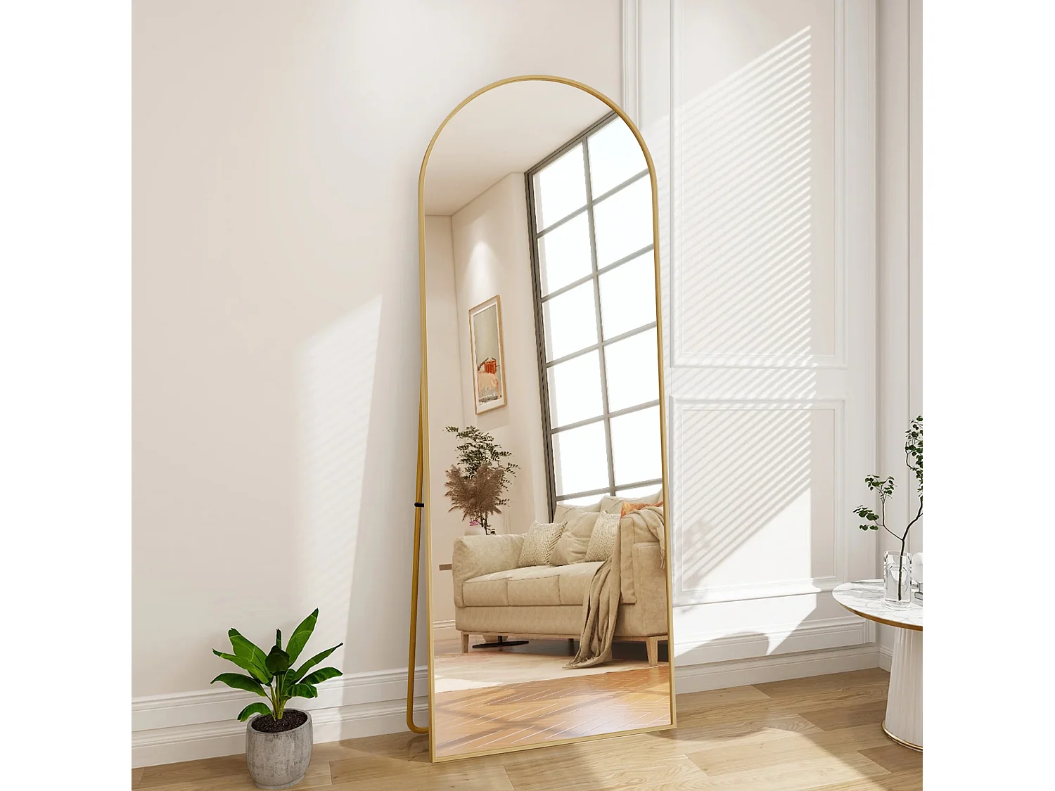 Miroir Pleine Longueur Arqué Autoportant Et Mural, Cadre Doré Avec Support En U, 164x54cm, Alliage D’aluminium Et Verre Trempé