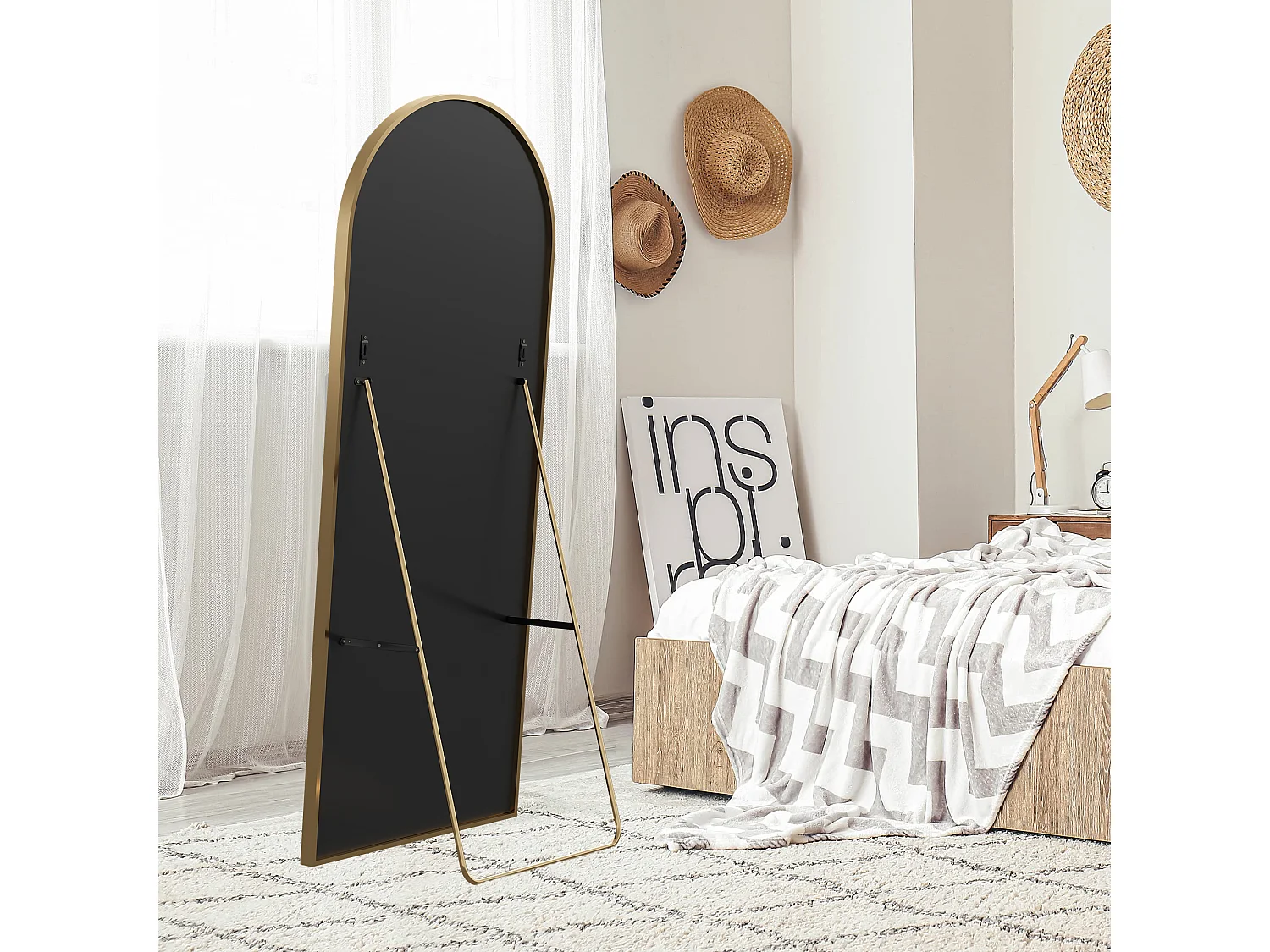 Miroir Pleine Longueur Arqué Autoportant Et Mural, Cadre Doré Avec Support En U, 164x54cm, Alliage D’aluminium Et Verre Trempé