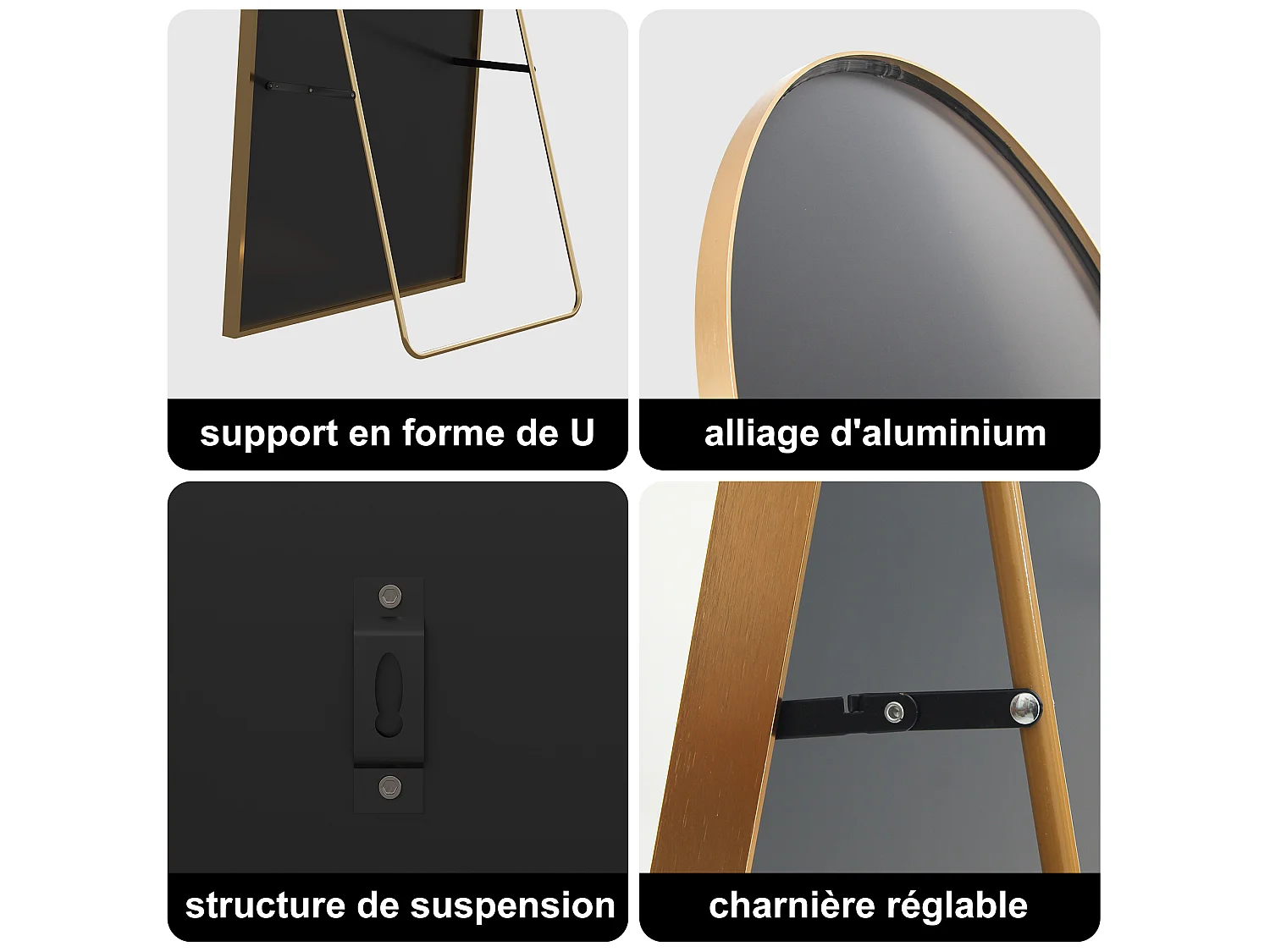 Miroir Pleine Longueur Arqué Autoportant Et Mural, Cadre Doré Avec Support En U, 164x54cm, Alliage D’aluminium Et Verre Trempé