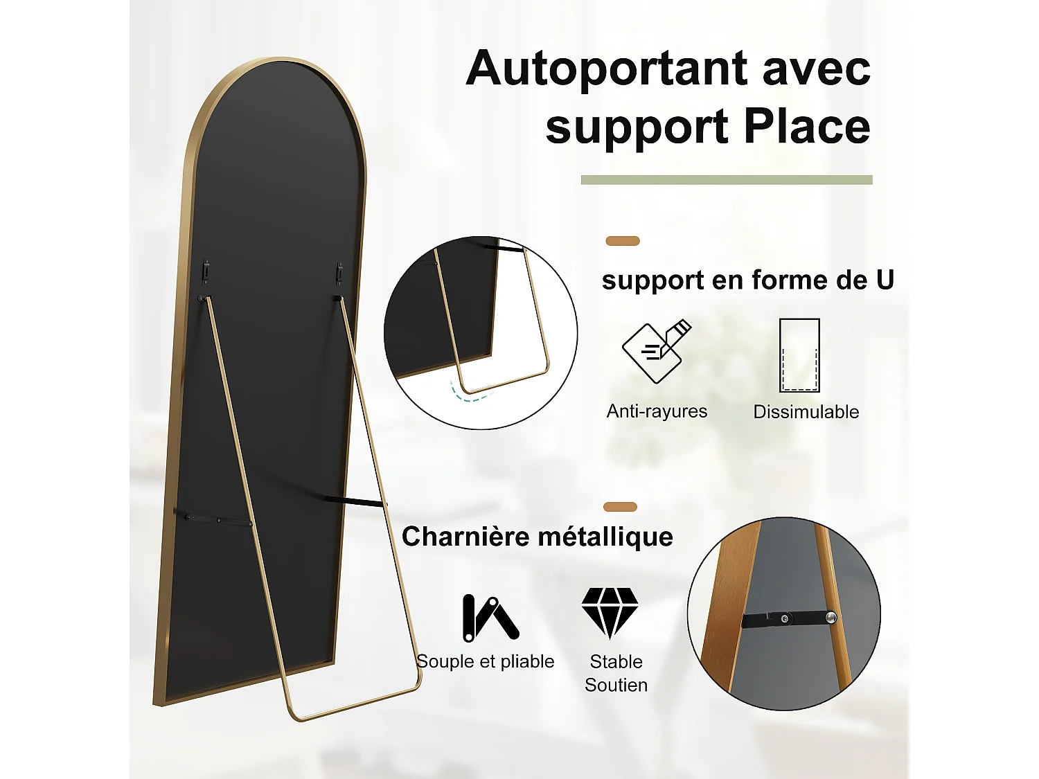 Miroir Pleine Longueur Arqué Autoportant Et Mural, Cadre Doré Avec Support En U, 164x54cm, Alliage D’aluminium Et Verre Trempé
