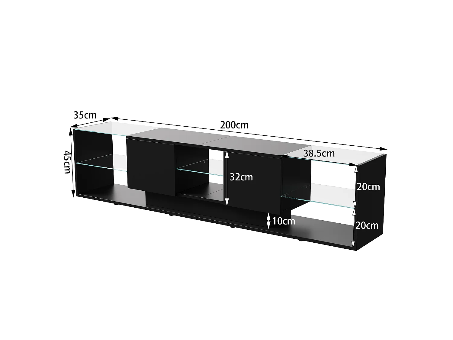 Meuble Tv Nordique Moderne Avec 2 Tiroirs, Niches En Verre Trempé, Bandeau Leds Rgb Pilotable Par App Et Télécommande, Longueur 200cm, Noir, Mdf Et Métal