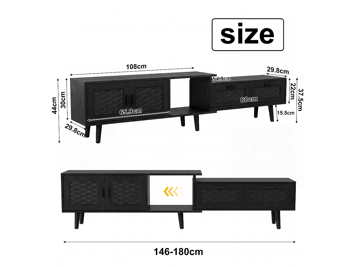 Meuble Tv Moderne Évolutif À Portes Effet Rotin, Grand Espace De Rangement, Longueur 146-180cm, Noir, Mdf Et Pvc