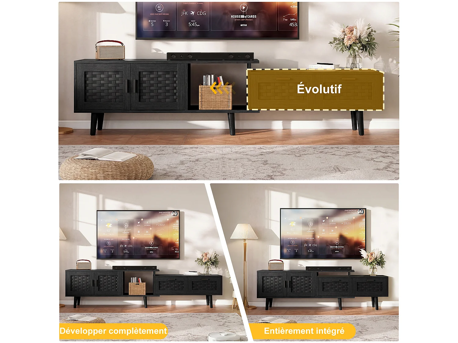 Meuble Tv Moderne Évolutif À Portes Effet Rotin, Grand Espace De Rangement, Longueur 146-180cm, Noir, Mdf Et Pvc