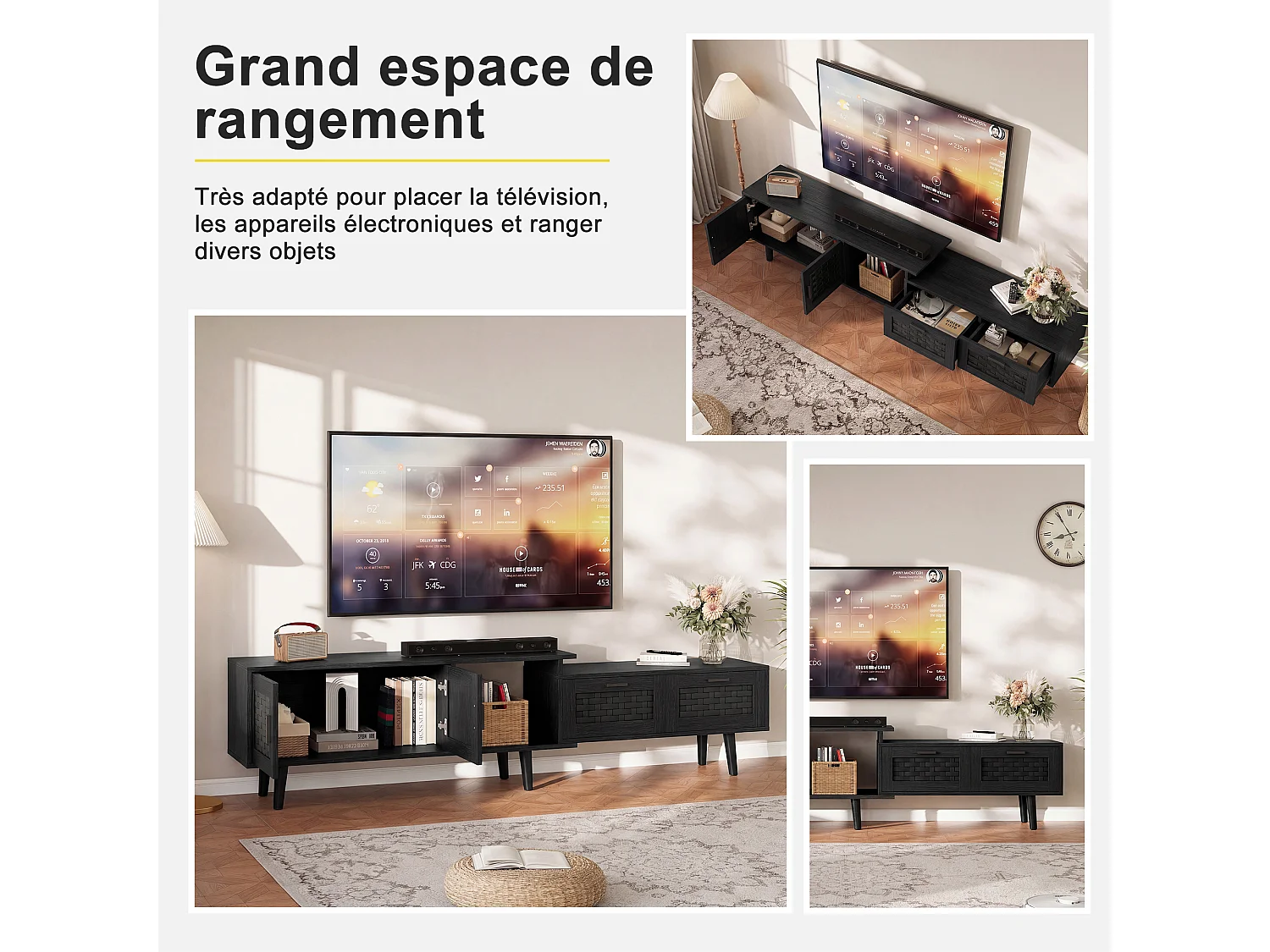Meuble Tv Moderne Évolutif À Portes Effet Rotin, Grand Espace De Rangement, Longueur 146-180cm, Noir, Mdf Et Pvc