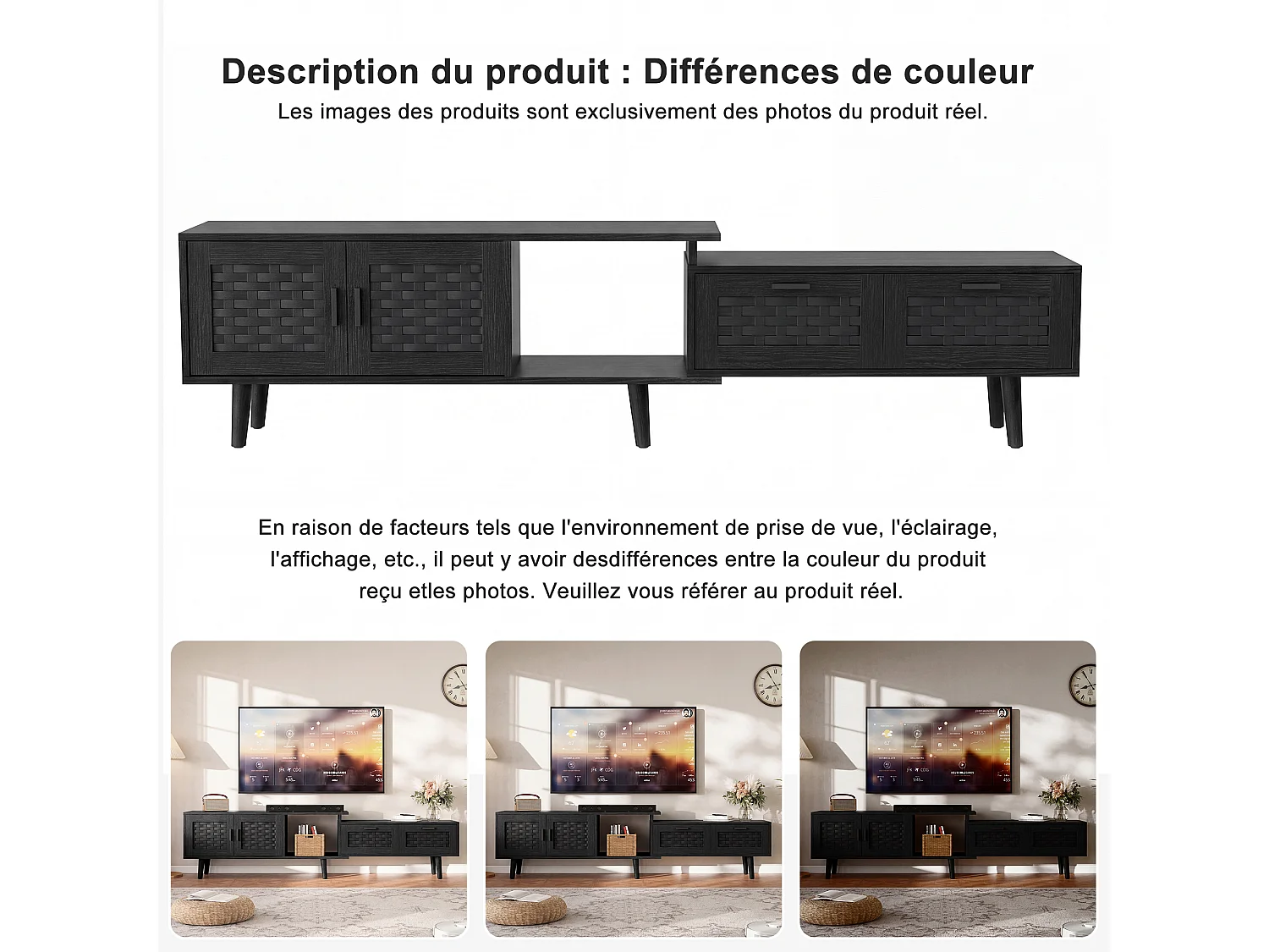 Meuble Tv Moderne Évolutif À Portes Effet Rotin, Grand Espace De Rangement, Longueur 146-180cm, Noir, Mdf Et Pvc