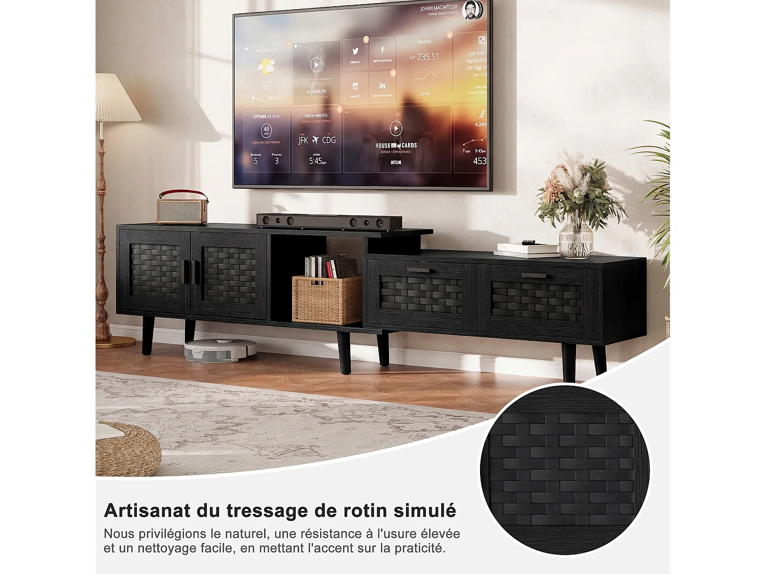 Meuble Tv Moderne Évolutif À Portes Effet Rotin, Grand Espace De Rangement, Longueur 146-180cm, Noir, Mdf Et Pvc