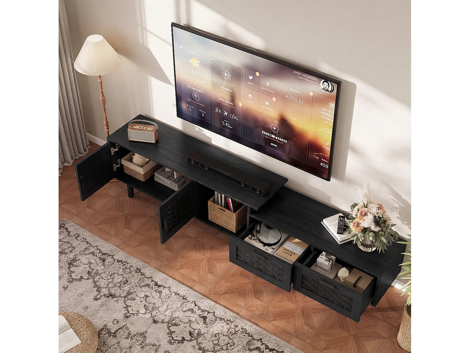 Meuble Tv Moderne Évolutif À Portes Effet Rotin, Grand Espace De Rangement, Longueur 146-180cm, Noir, Mdf Et Pvc