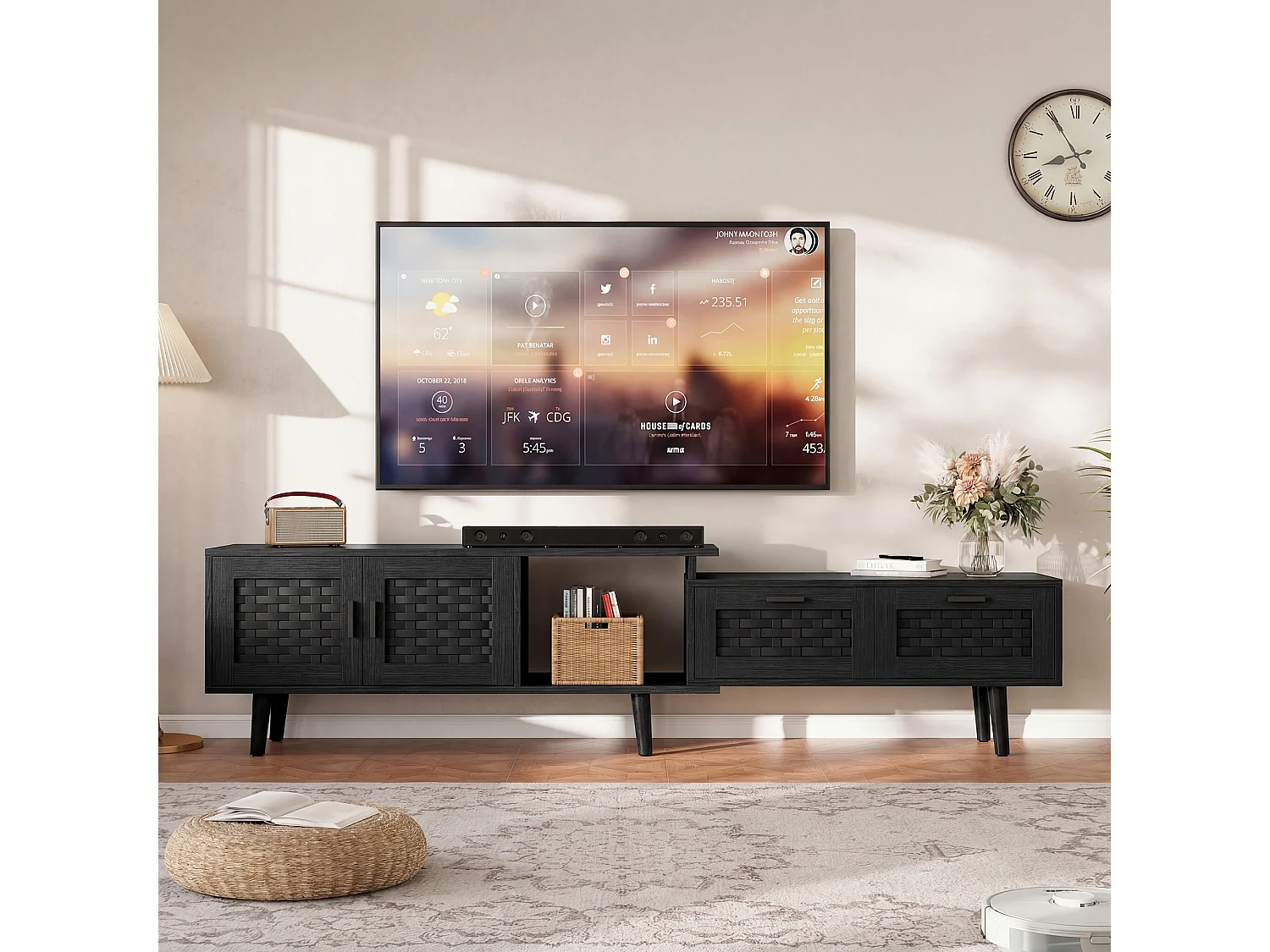 Meuble Tv Moderne Évolutif À Portes Effet Rotin, Grand Espace De Rangement, Longueur 146-180cm, Noir, Mdf Et Pvc