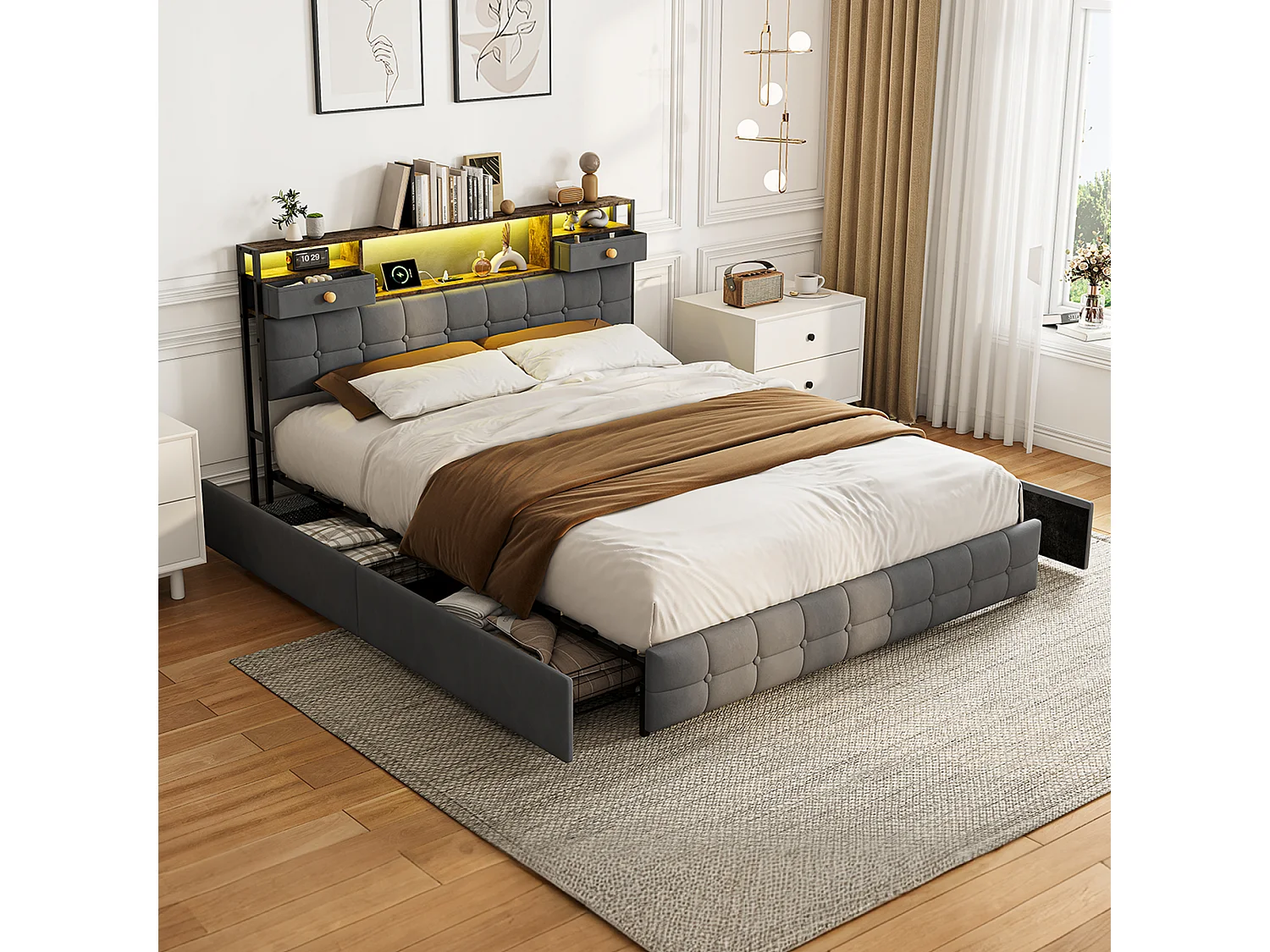 Lit Double Capitonné En Velours 160 X 200 Cm Avec Tête De Lit Multifonctionnelle : Étagère, Tiroirs Et Éclairage LED, 4 Tiroirs De Rangement, Gris