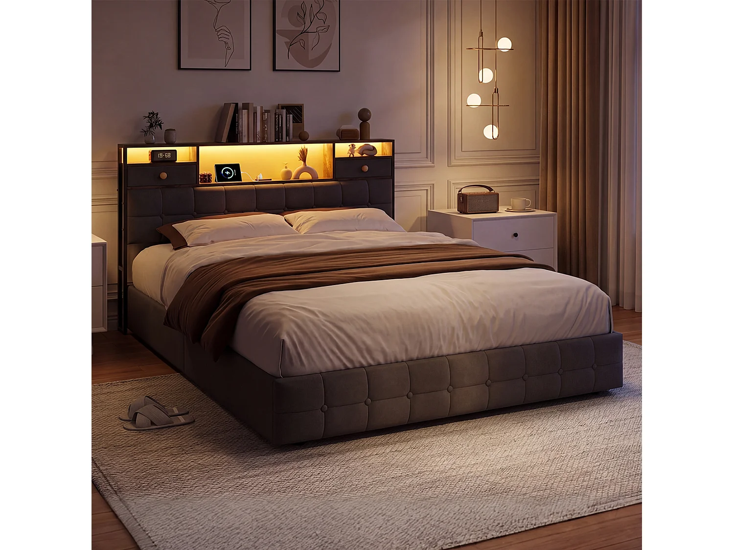 Lit Double Capitonné En Velours 160 X 200 Cm Avec Tête De Lit Multifonctionnelle : Étagère, Tiroirs Et Éclairage LED, 4 Tiroirs De Rangement, Gris