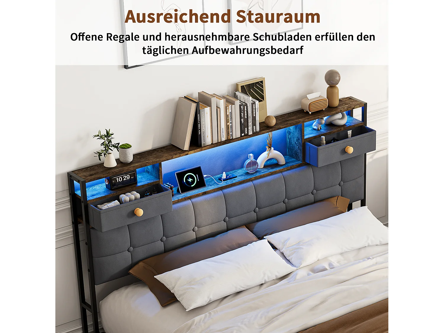 Lit Double Capitonné En Velours 160 X 200 Cm Avec Tête De Lit Multifonctionnelle : Étagère, Tiroirs Et Éclairage LED, 4 Tiroirs De Rangement, Gris