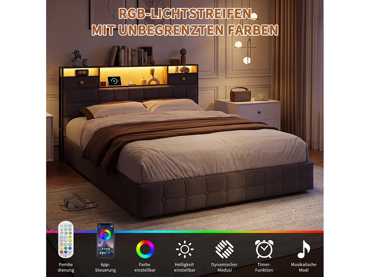 Lit Double Capitonné En Velours 160 X 200 Cm Avec Tête De Lit Multifonctionnelle : Étagère, Tiroirs Et Éclairage LED, 4 Tiroirs De Rangement, Gris