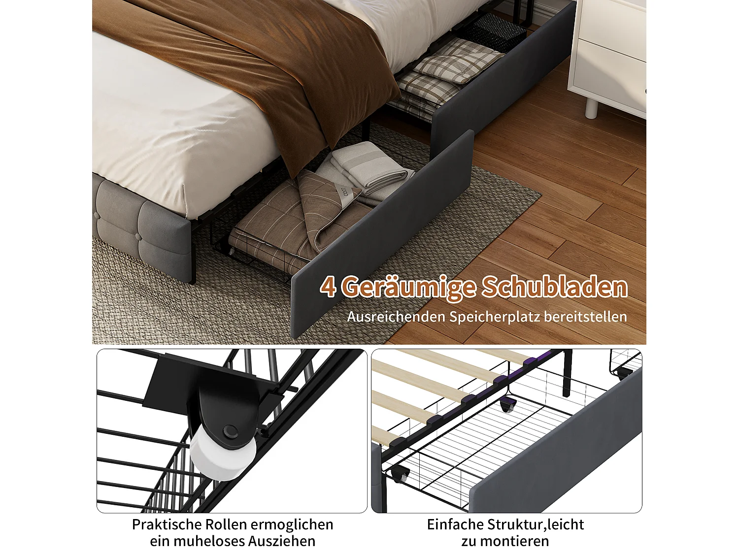 Lit Double Capitonné En Velours 160 X 200 Cm Avec Tête De Lit Multifonctionnelle : Étagère, Tiroirs Et Éclairage LED, 4 Tiroirs De Rangement, Gris