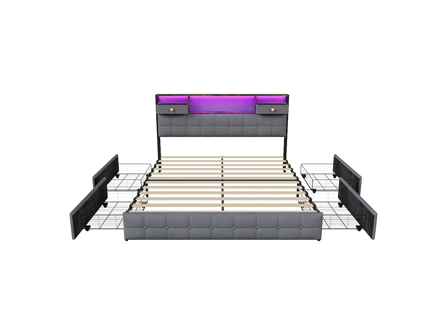 Lit Double Capitonné En Velours 160 X 200 Cm Avec Tête De Lit Multifonctionnelle : Étagère, Tiroirs Et Éclairage LED, 4 Tiroirs De Rangement, Gris