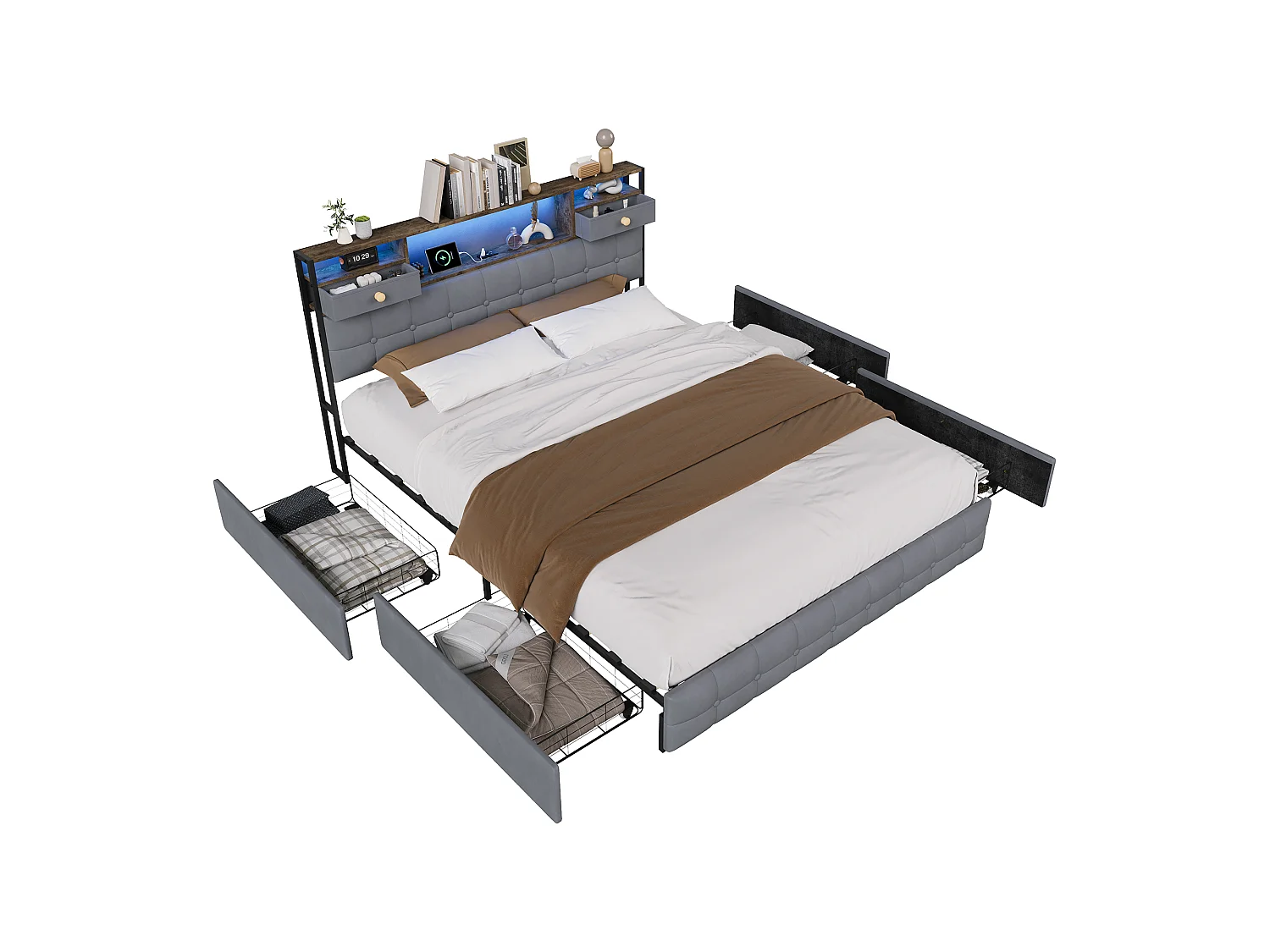 Lit Double Capitonné En Velours 160 X 200 Cm Avec Tête De Lit Multifonctionnelle : Étagère, Tiroirs Et Éclairage LED, 4 Tiroirs De Rangement, Gris