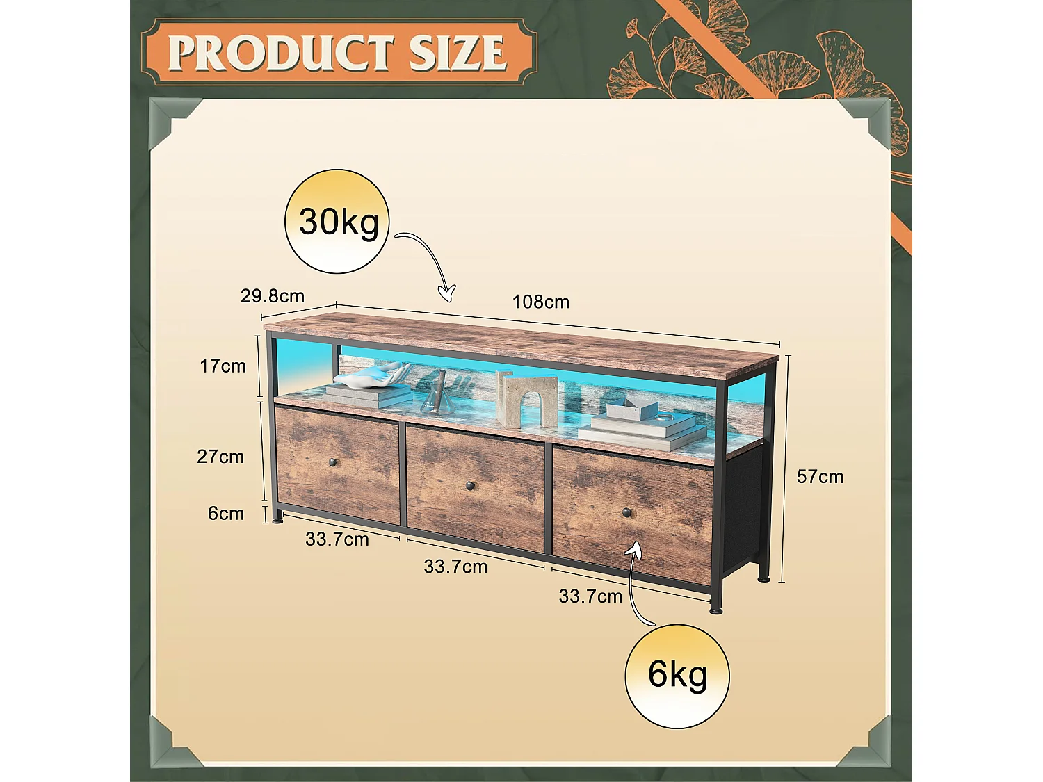 Meuble Tv Moderne Avec 3 Tiroirs En Tissu Vintage, Bandeau Leds Rgb Pilotable Par App, Longueur 108cm, Teinte Effet Noyer, Mdf Et Métal