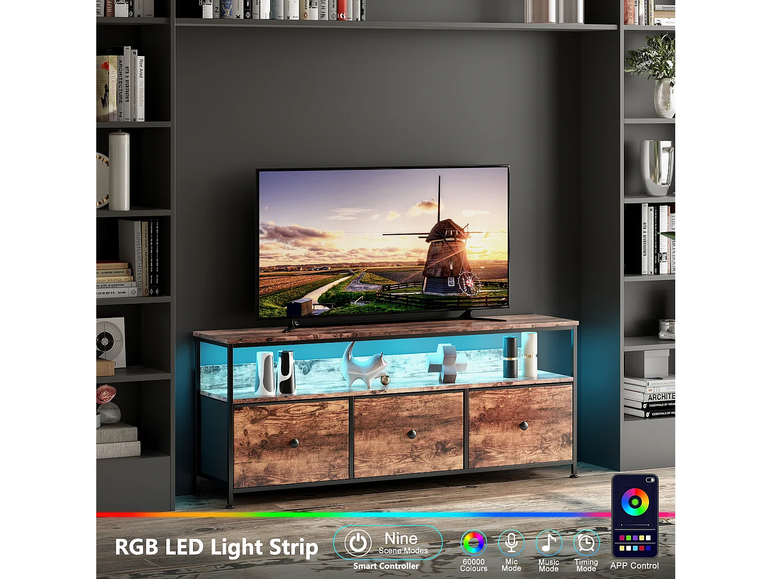 Meuble Tv Moderne Avec 3 Tiroirs En Tissu Vintage, Bandeau Leds Rgb Pilotable Par App, Longueur 108cm, Teinte Effet Noyer, Mdf Et Métal