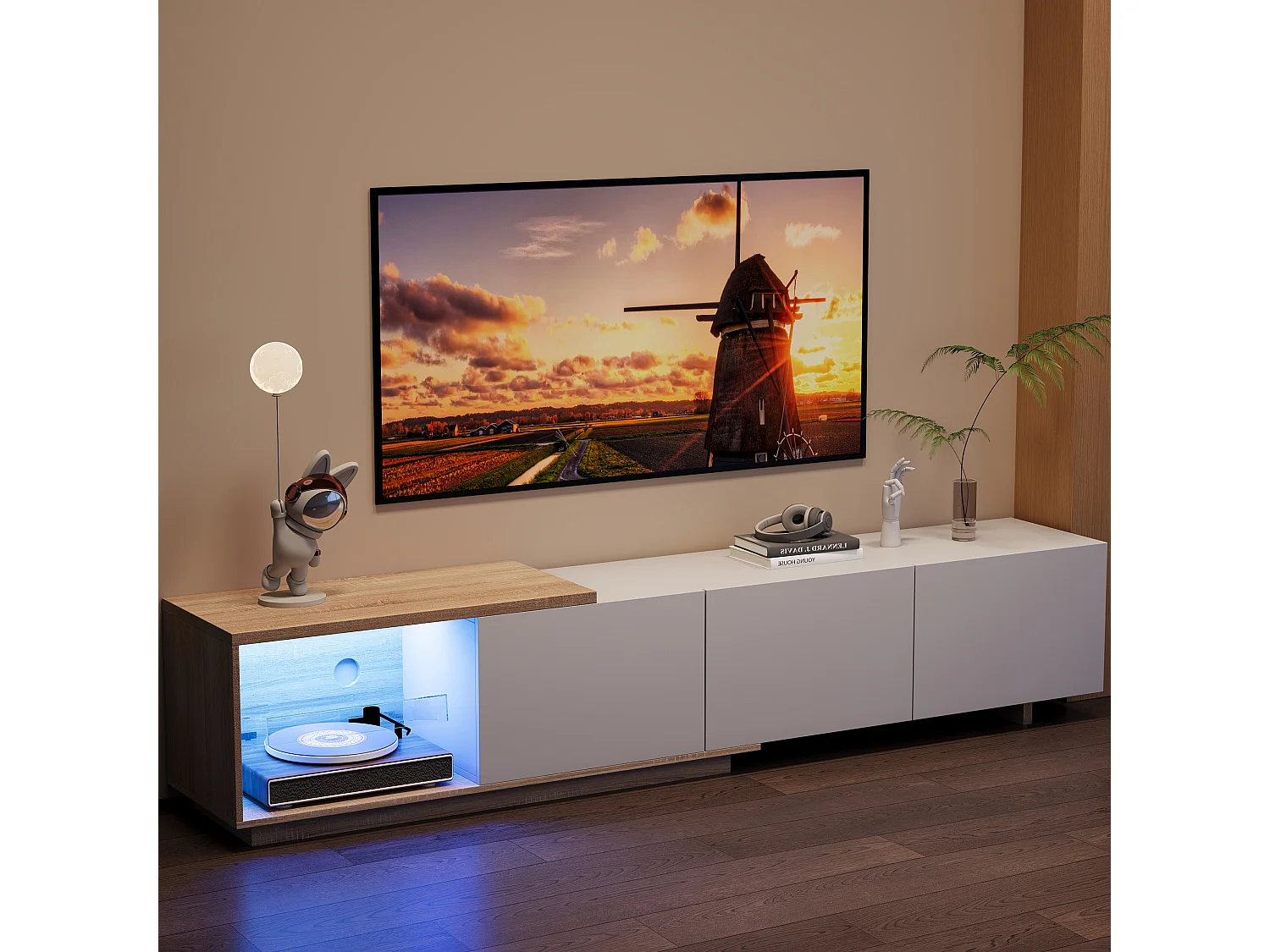 Meuble Tv Extensible Moderne À 3 Tiroirs Poussoirs,Bandeau Leds Détecteur 3 Couleurs Avec Télécommande,Longueur 163-240cm, Blanc Et Effet Naturel,Mdf Et Métal