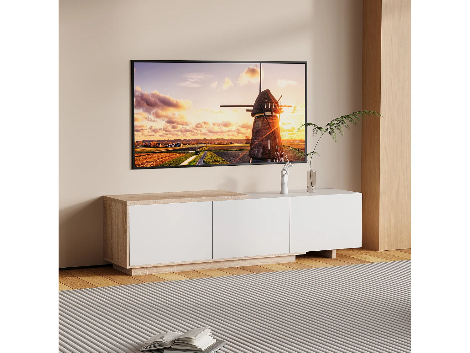 Meuble Tv Extensible Moderne À 3 Tiroirs Poussoirs,Bandeau Leds Détecteur 3 Couleurs Avec Télécommande,Longueur 163-240cm, Blanc Et Effet Naturel,Mdf Et Métal