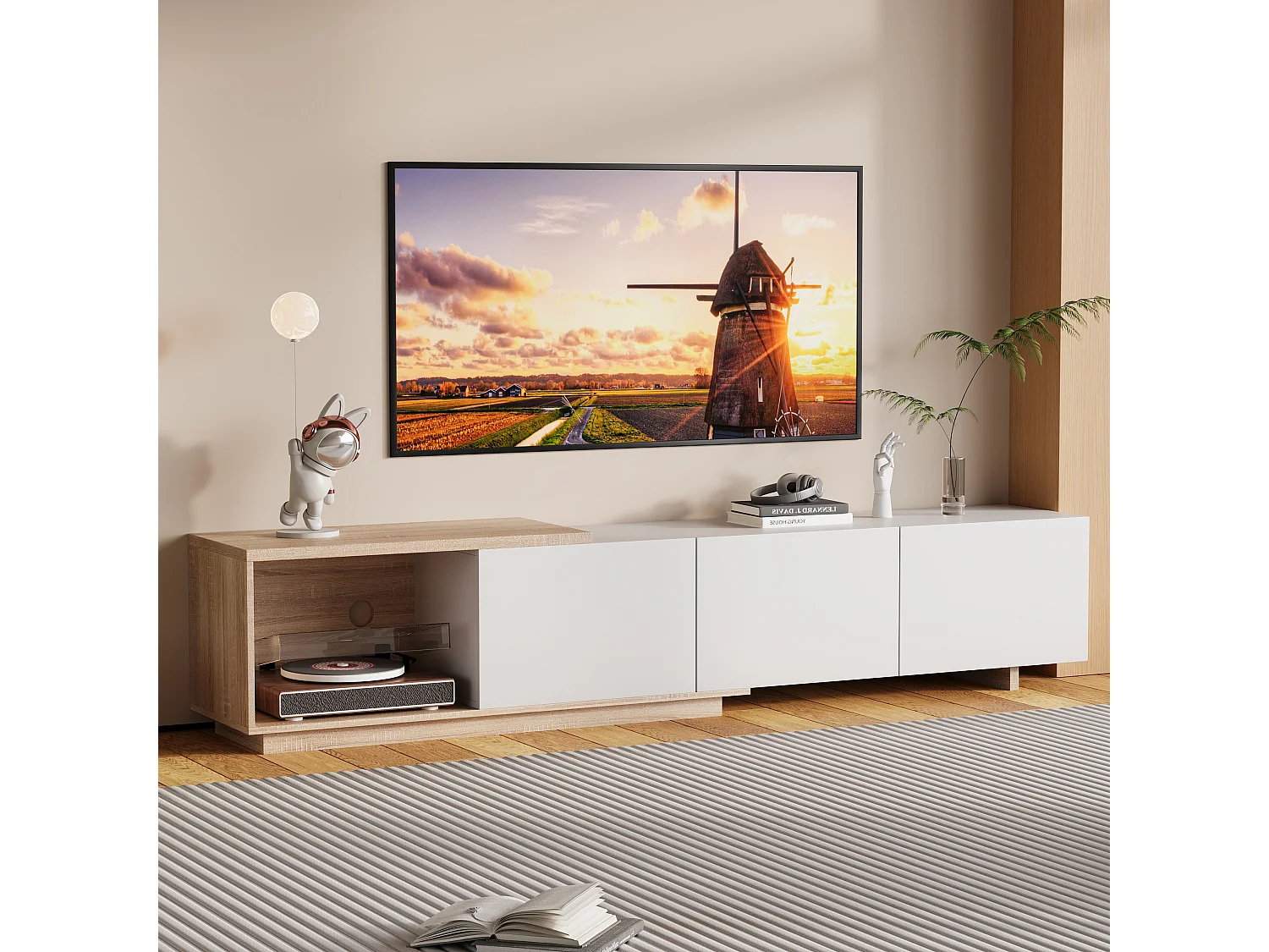 Meuble Tv Extensible Moderne À 3 Tiroirs Poussoirs,Bandeau Leds Détecteur 3 Couleurs Avec Télécommande,Longueur 163-240cm, Blanc Et Effet Naturel,Mdf Et Métal