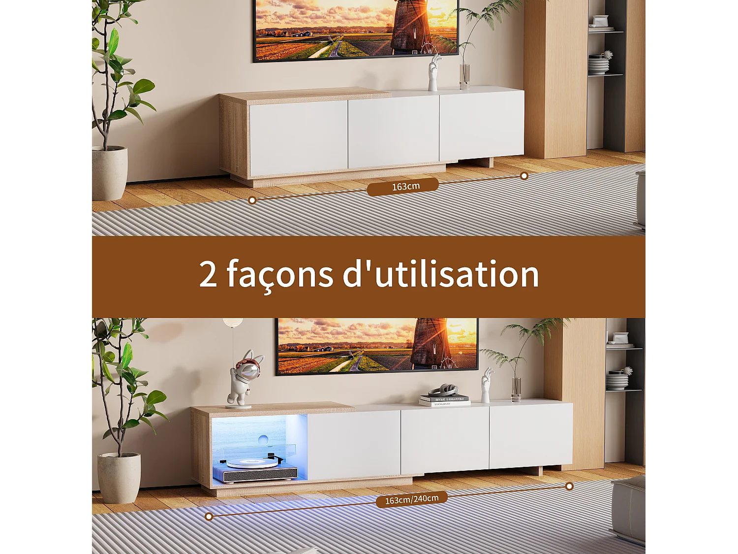 Meuble Tv Extensible Moderne À 3 Tiroirs Poussoirs,Bandeau Leds Détecteur 3 Couleurs Avec Télécommande,Longueur 163-240cm, Blanc Et Effet Naturel,Mdf Et Métal