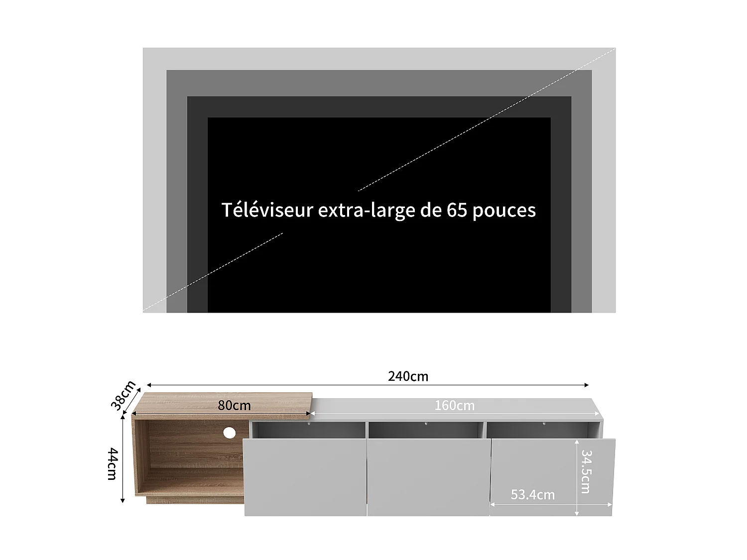 Meuble Tv Extensible Moderne À 3 Tiroirs Poussoirs,Bandeau Leds Détecteur 3 Couleurs Avec Télécommande,Longueur 163-240cm, Blanc Et Effet Naturel,Mdf Et Métal