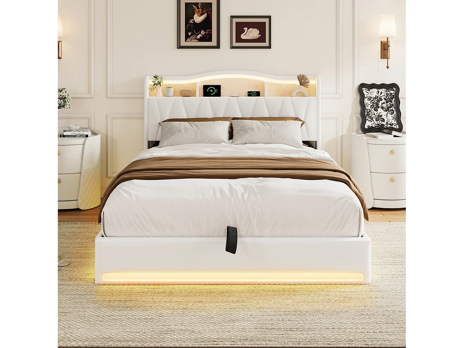 Lit Double Capitonné 160x200 Cm, Lit Avec Rangement, Sommier À Lattes Et Éclairage LED, Tête De Lit Avec Port USB Type-C, Velours Beige