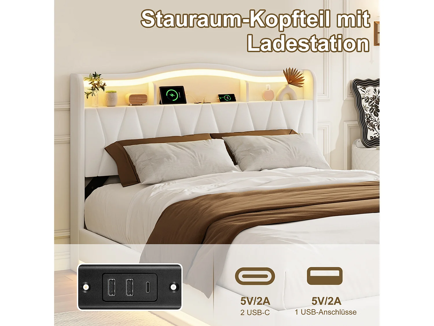 Lit Double Capitonné 160x200 Cm, Lit Avec Rangement, Sommier À Lattes Et Éclairage LED, Tête De Lit Avec Port USB Type-C, Velours Beige