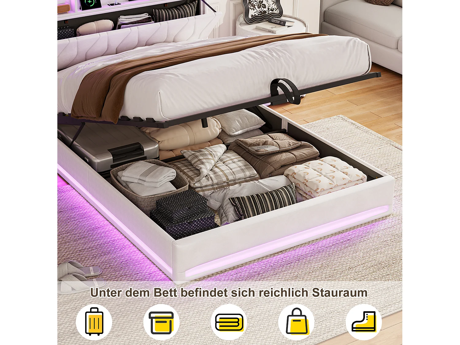 Lit Double Capitonné 160x200 Cm, Lit Avec Rangement, Sommier À Lattes Et Éclairage LED, Tête De Lit Avec Port USB Type-C, Velours Beige