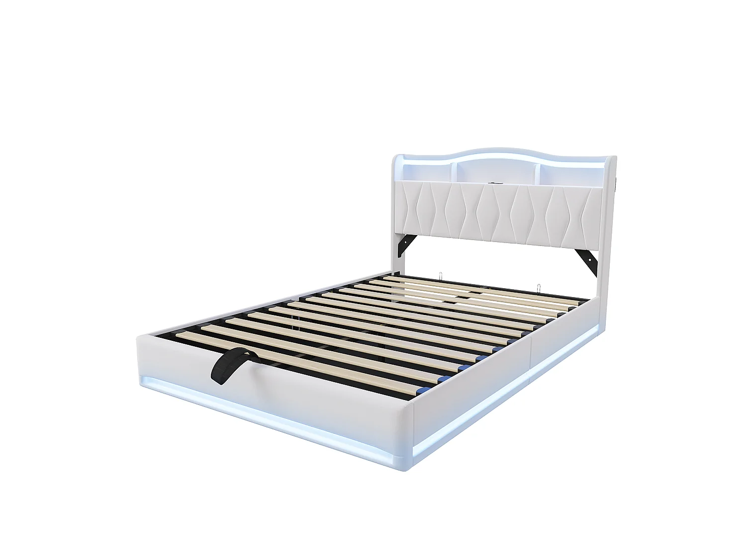 Lit Double Capitonné 160x200 Cm, Lit Avec Rangement, Sommier À Lattes Et Éclairage LED, Tête De Lit Avec Port USB Type-C, Velours Beige
