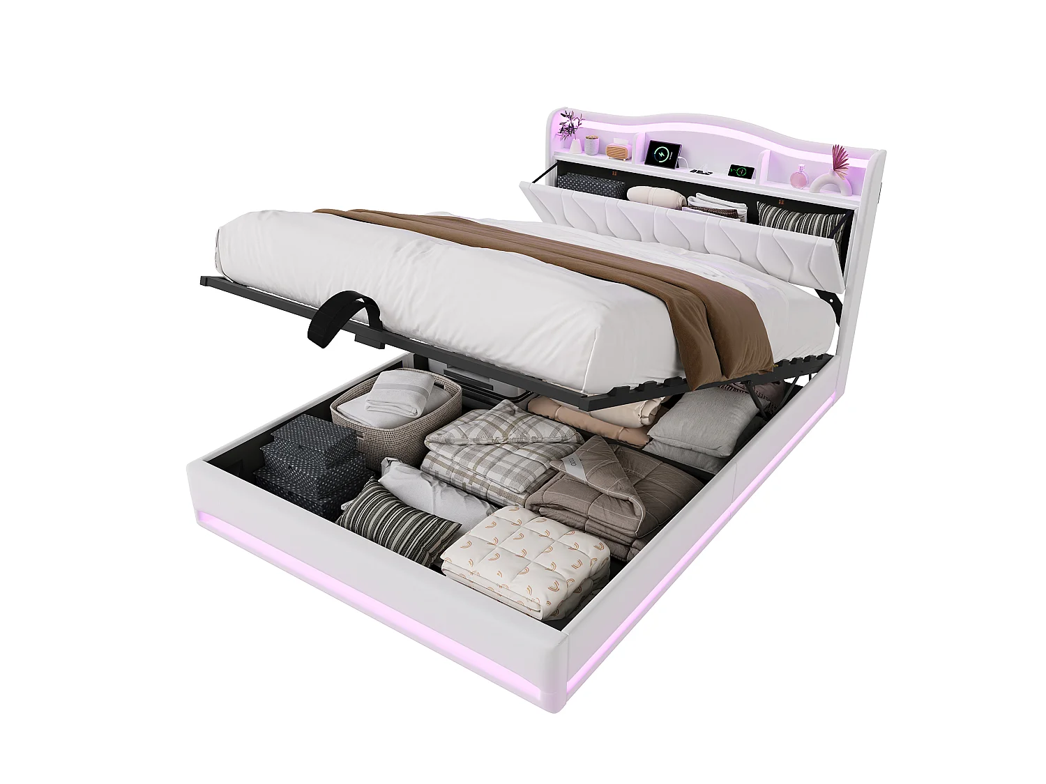 Lit Double Capitonné 160x200 Cm, Lit Avec Rangement, Sommier À Lattes Et Éclairage LED, Tête De Lit Avec Port USB Type-C, Velours Beige