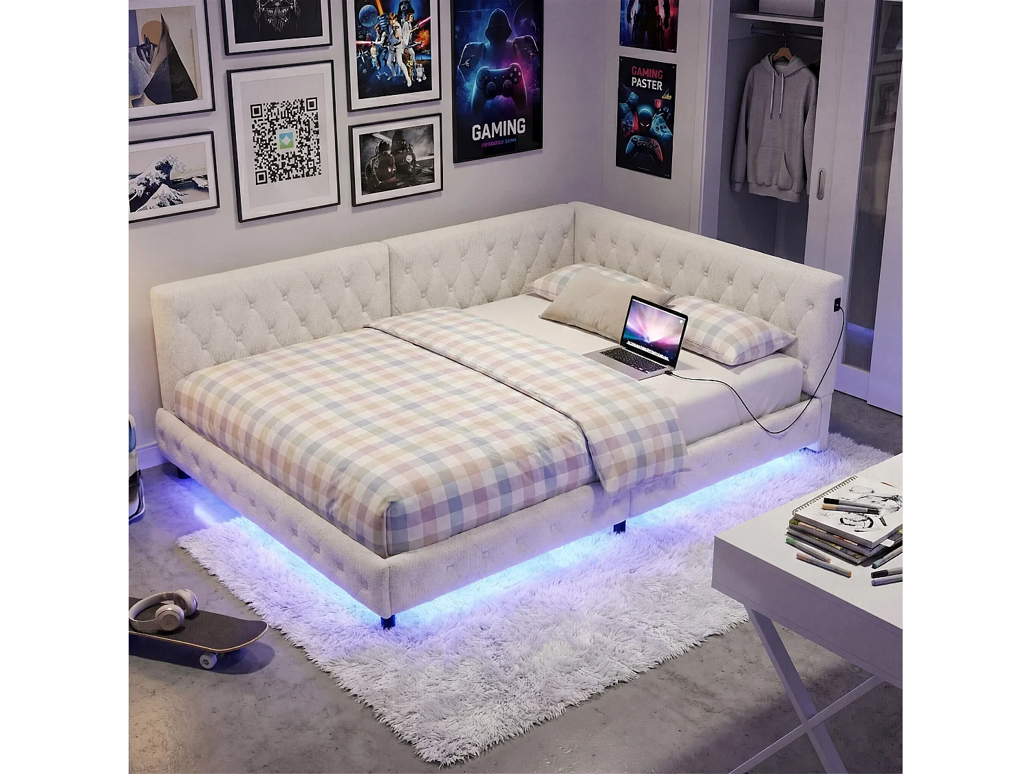 DreamMespace Canapé Lit Méridienne 140x200 cm - Lit d'Appoint en L avec Éclairage LED & USB, Tissu Bouclette Beige