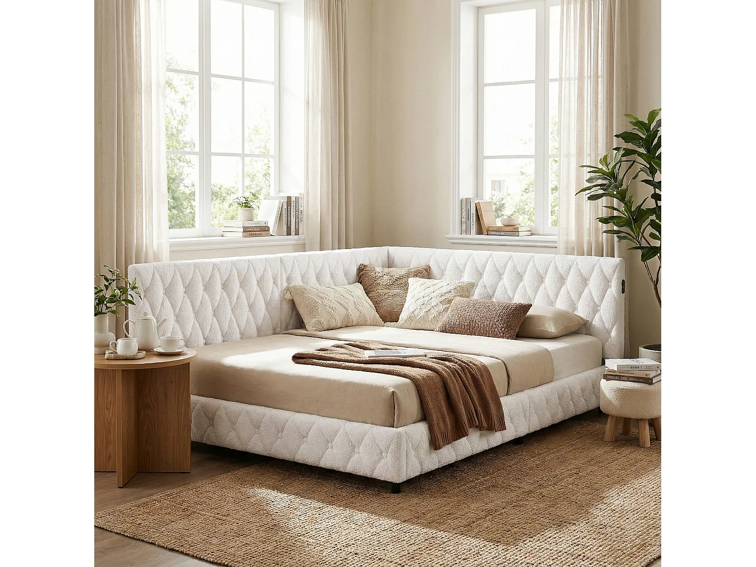 DreamMespace Canapé Lit Méridienne 140x200 cm - Lit d'Appoint en L avec Éclairage LED & USB, Tissu Bouclette Beige