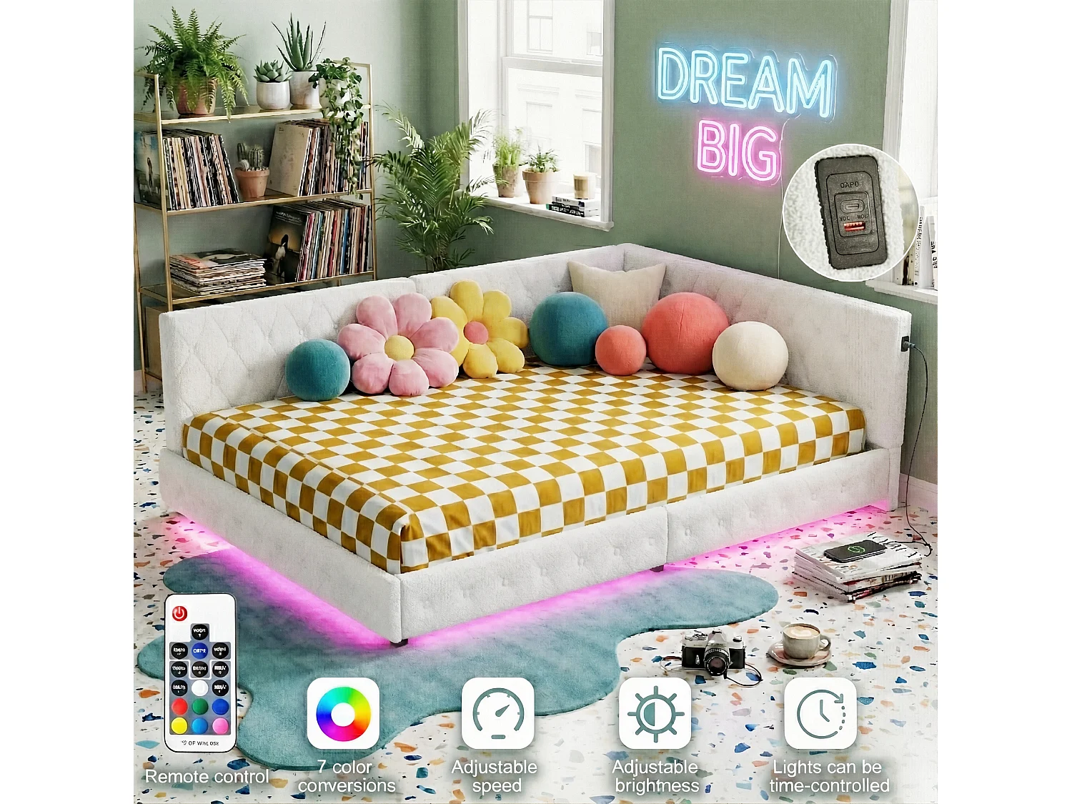 DreamMespace Canapé Lit Méridienne 140x200 cm - Lit d'Appoint en L avec Éclairage LED & USB, Tissu Bouclette Beige