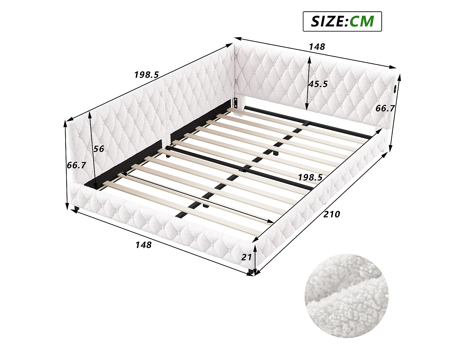 DreamMespace Canapé Lit Méridienne 140x200 cm - Lit d'Appoint en L avec Éclairage LED & USB, Tissu Bouclette Beige