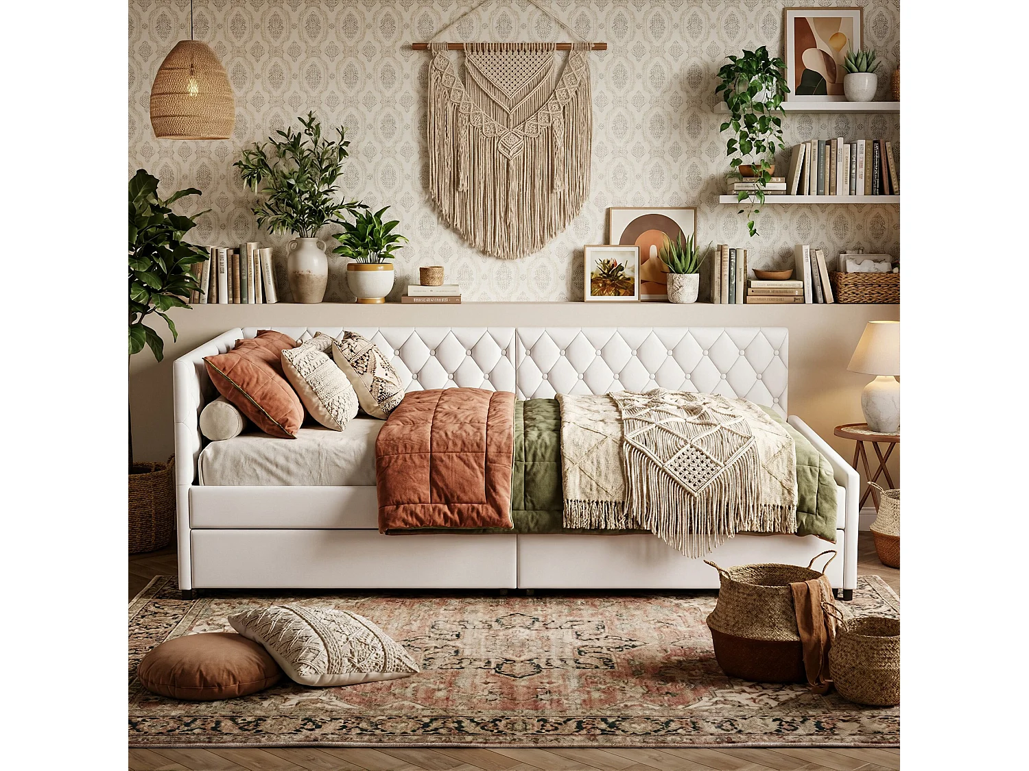 DreamMespace Canapé Lit Gigogne 90x200 cm - Lit d'Appoint en L avec Tête de Lit Capitonnée, Velours Beige