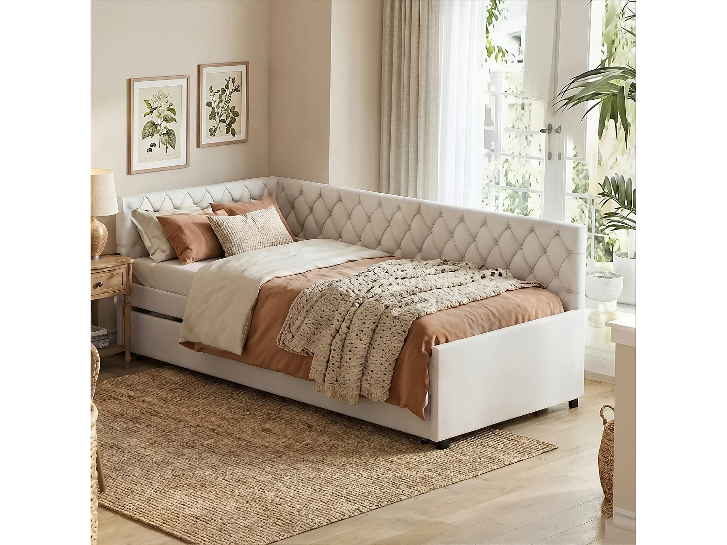 DreamMespace Canapé Lit Gigogne 90x200 cm - Lit d'Appoint en L avec Tête de Lit Capitonnée, Velours Beige