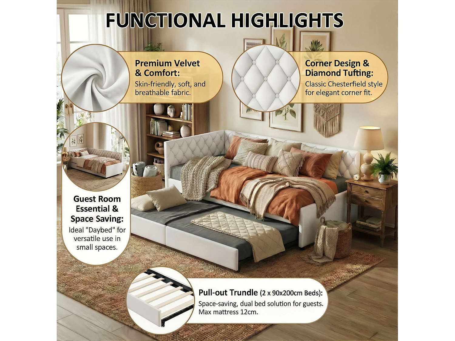 DreamMespace Canapé Lit Gigogne 90x200 cm - Lit d'Appoint en L avec Tête de Lit Capitonnée, Velours Beige