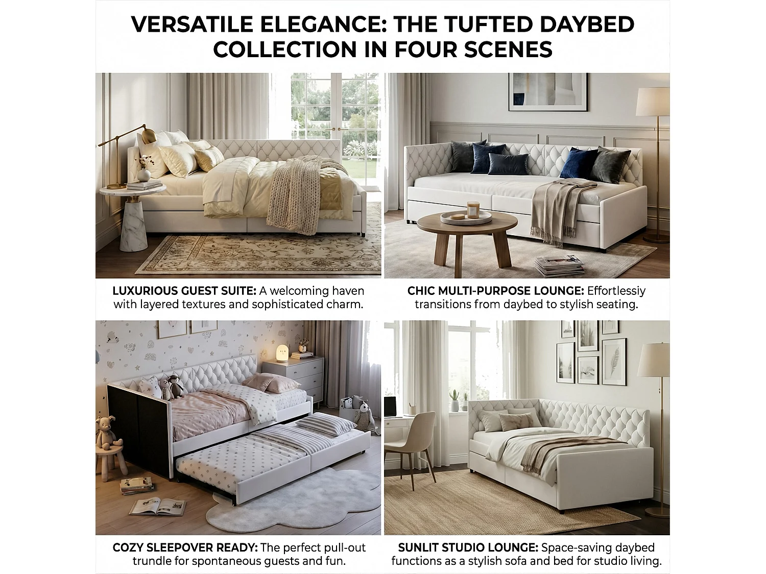 DreamMespace Canapé Lit Gigogne 90x200 cm - Lit d'Appoint en L avec Tête de Lit Capitonnée, Velours Beige