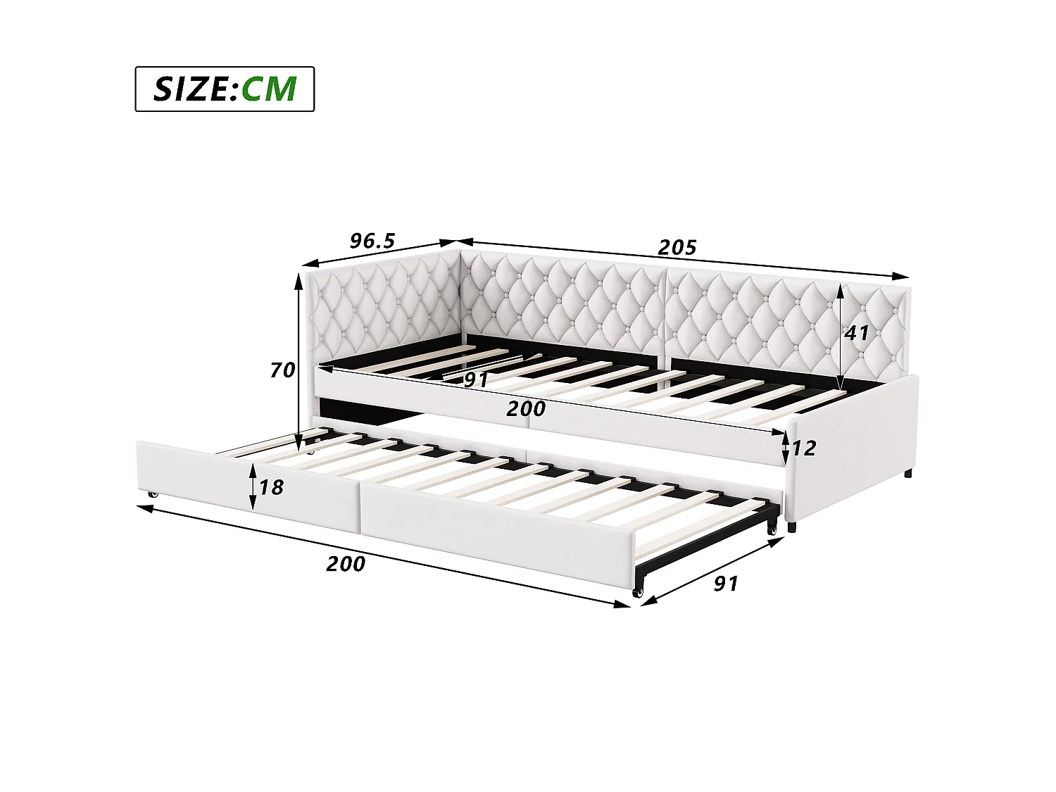 DreamMespace Canapé Lit Gigogne 90x200 cm - Lit d'Appoint en L avec Tête de Lit Capitonnée, Velours Beige