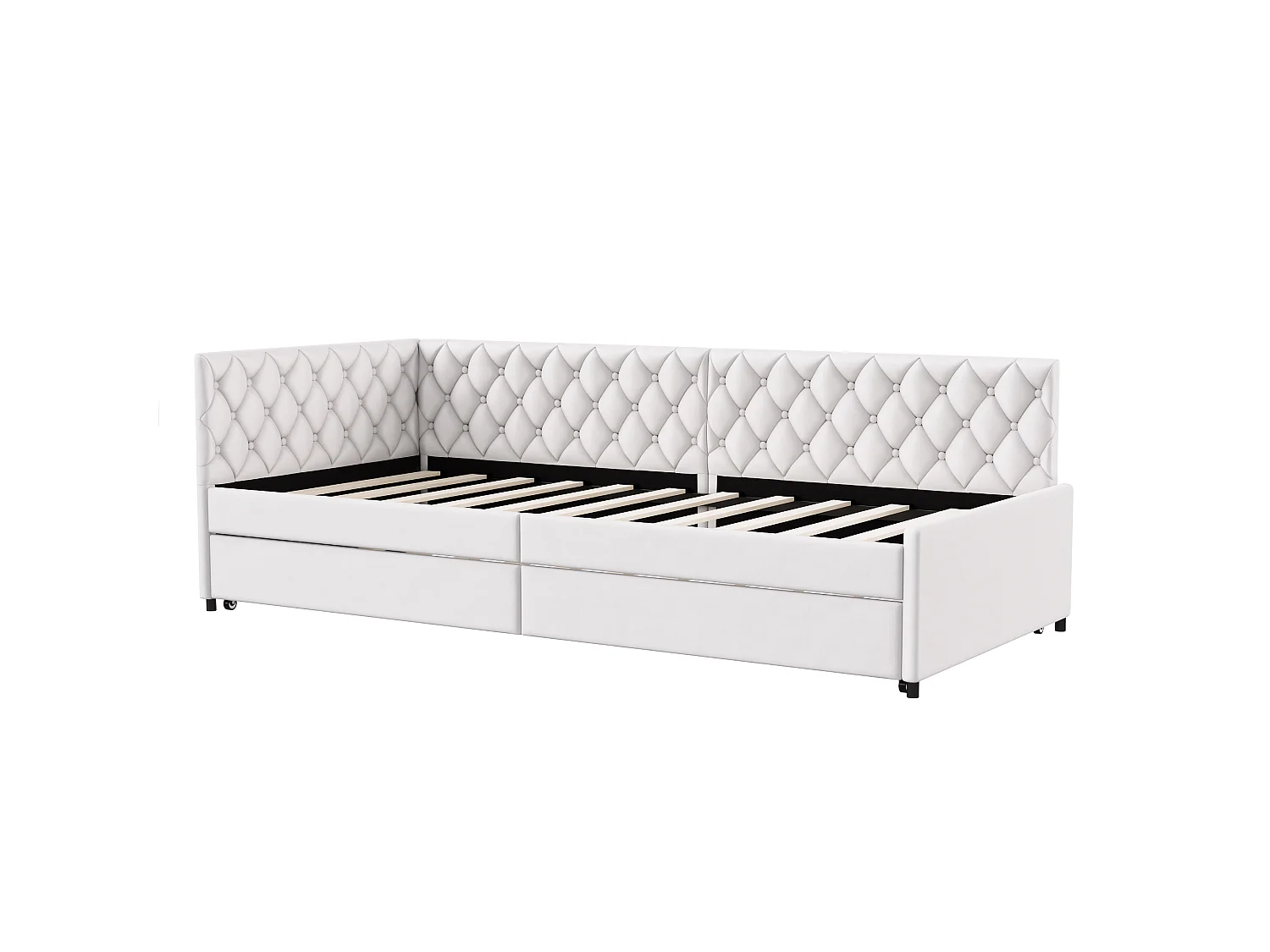 DreamMespace Canapé Lit Gigogne 90x200 cm - Lit d'Appoint en L avec Tête de Lit Capitonnée, Velours Beige