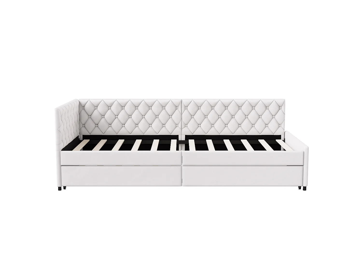 DreamMespace Canapé Lit Gigogne 90x200 cm - Lit d'Appoint en L avec Tête de Lit Capitonnée, Velours Beige
