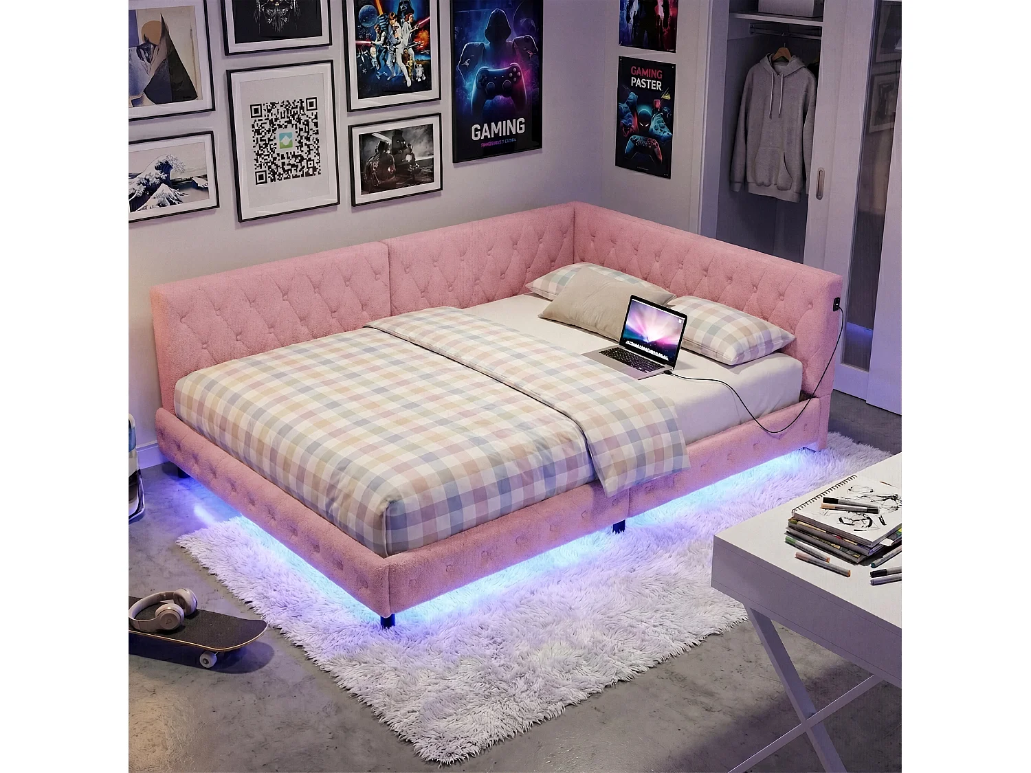 DreamMespace Canapé Lit Méridienne 140x200 cm - Lit d'Appoint en L avec Éclairage LED & USB, Tissu Bouclette Rose