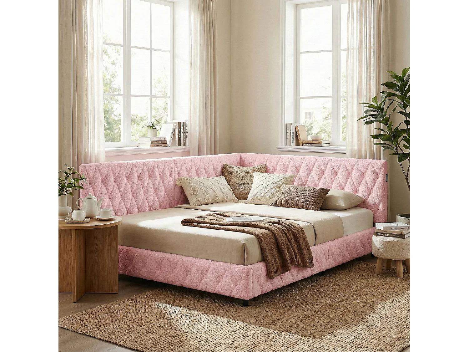DreamMespace Canapé Lit Méridienne 140x200 cm - Lit d'Appoint en L avec Éclairage LED & USB, Tissu Bouclette Rose