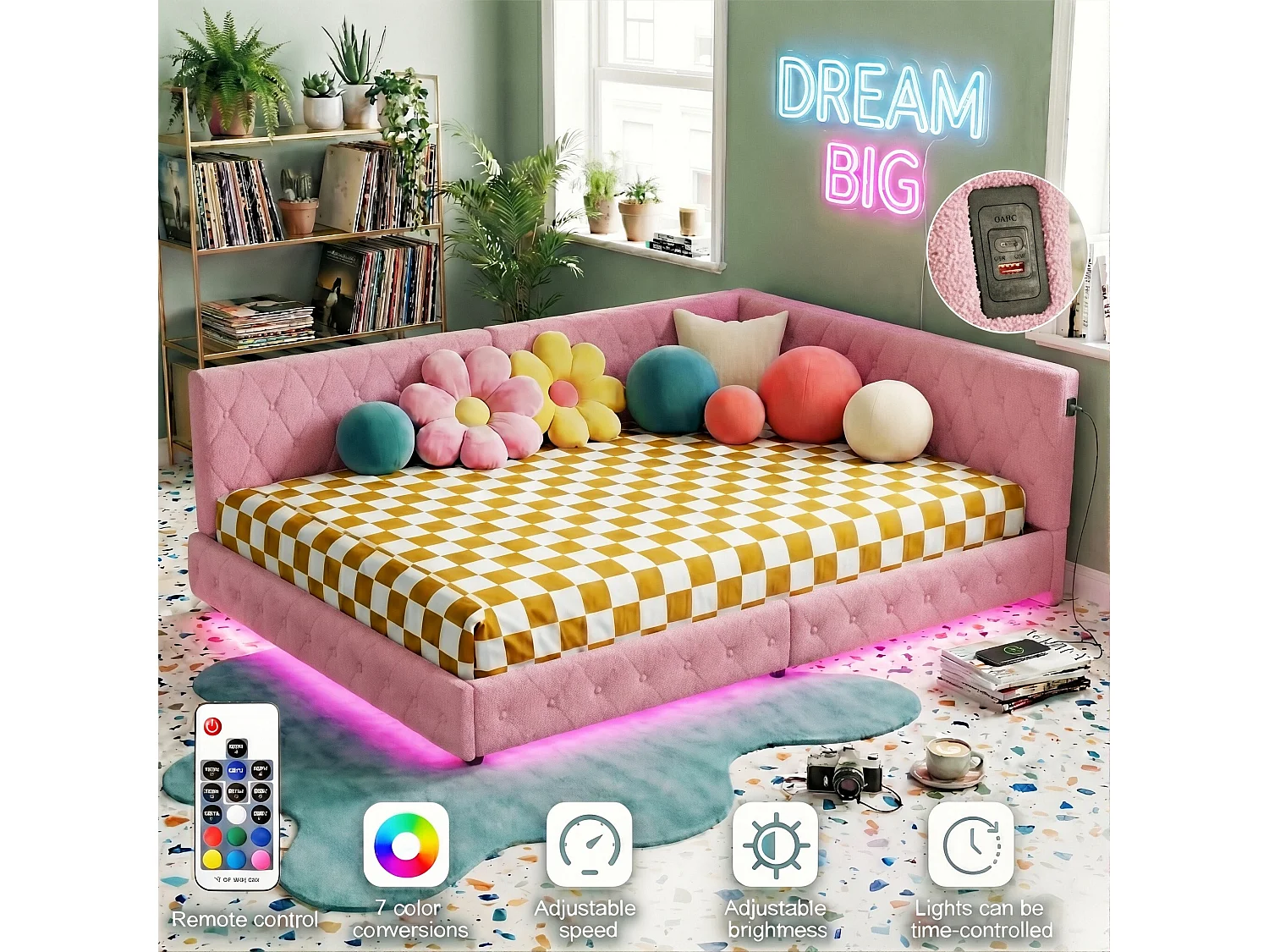 DreamMespace Canapé Lit Méridienne 140x200 cm - Lit d'Appoint en L avec Éclairage LED & USB, Tissu Bouclette Rose