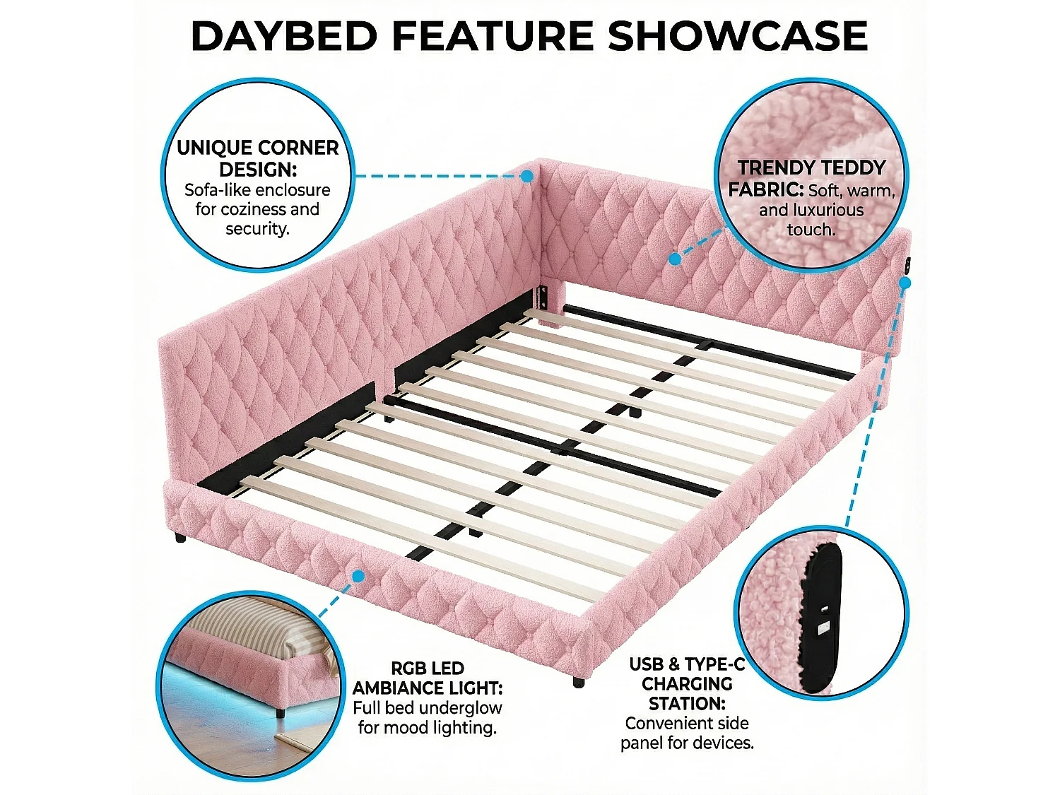 DreamMespace Canapé Lit Méridienne 140x200 cm - Lit d'Appoint en L avec Éclairage LED & USB, Tissu Bouclette Rose