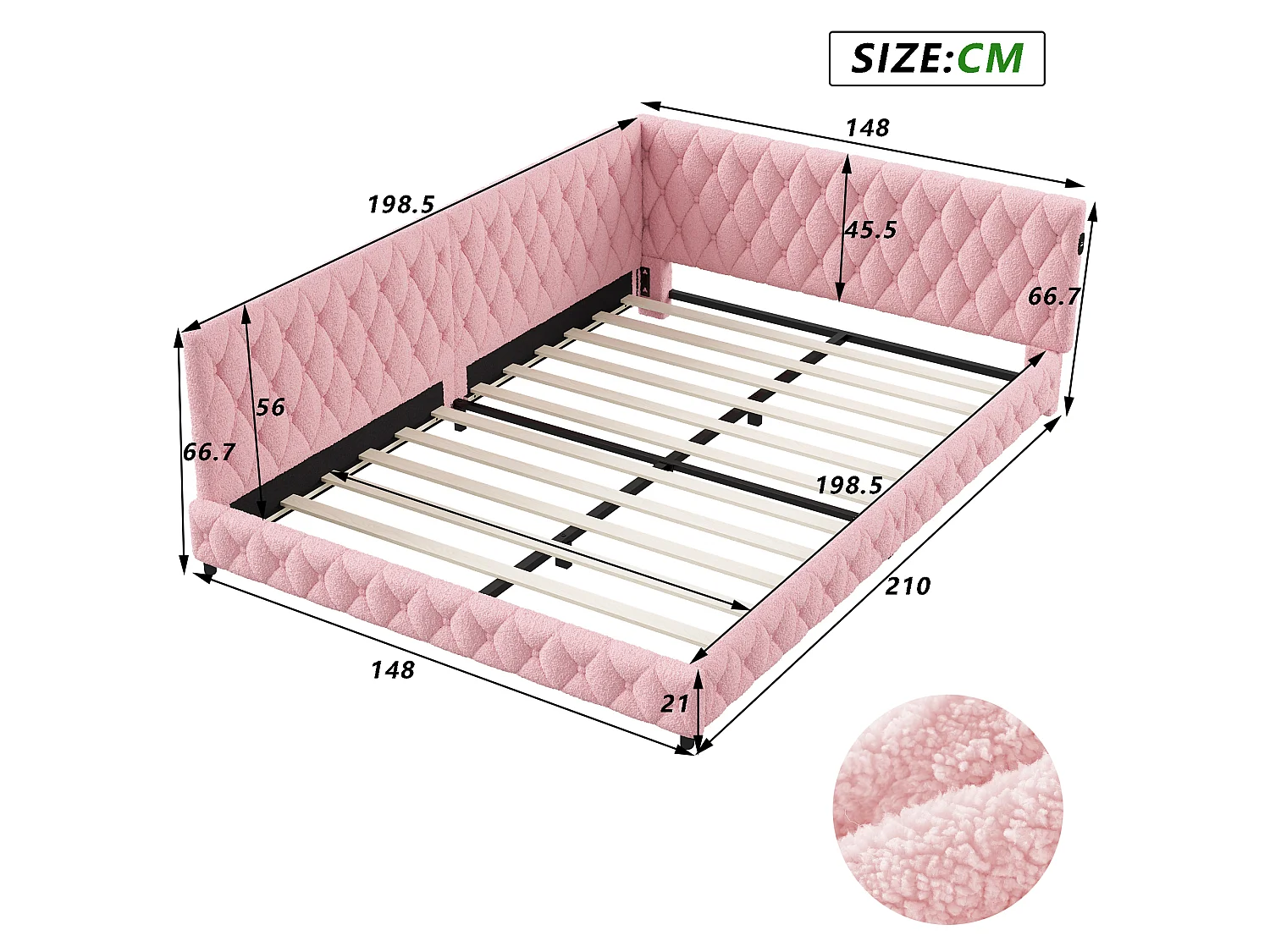 DreamMespace Canapé Lit Méridienne 140x200 cm - Lit d'Appoint en L avec Éclairage LED & USB, Tissu Bouclette Rose