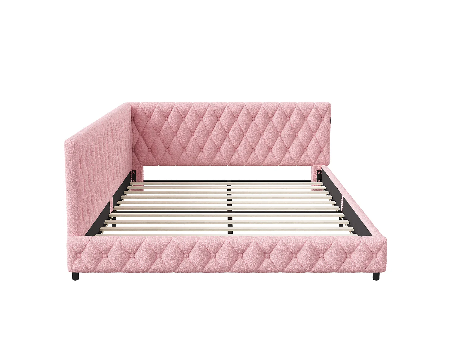 DreamMespace Canapé Lit Méridienne 140x200 cm - Lit d'Appoint en L avec Éclairage LED & USB, Tissu Bouclette Rose