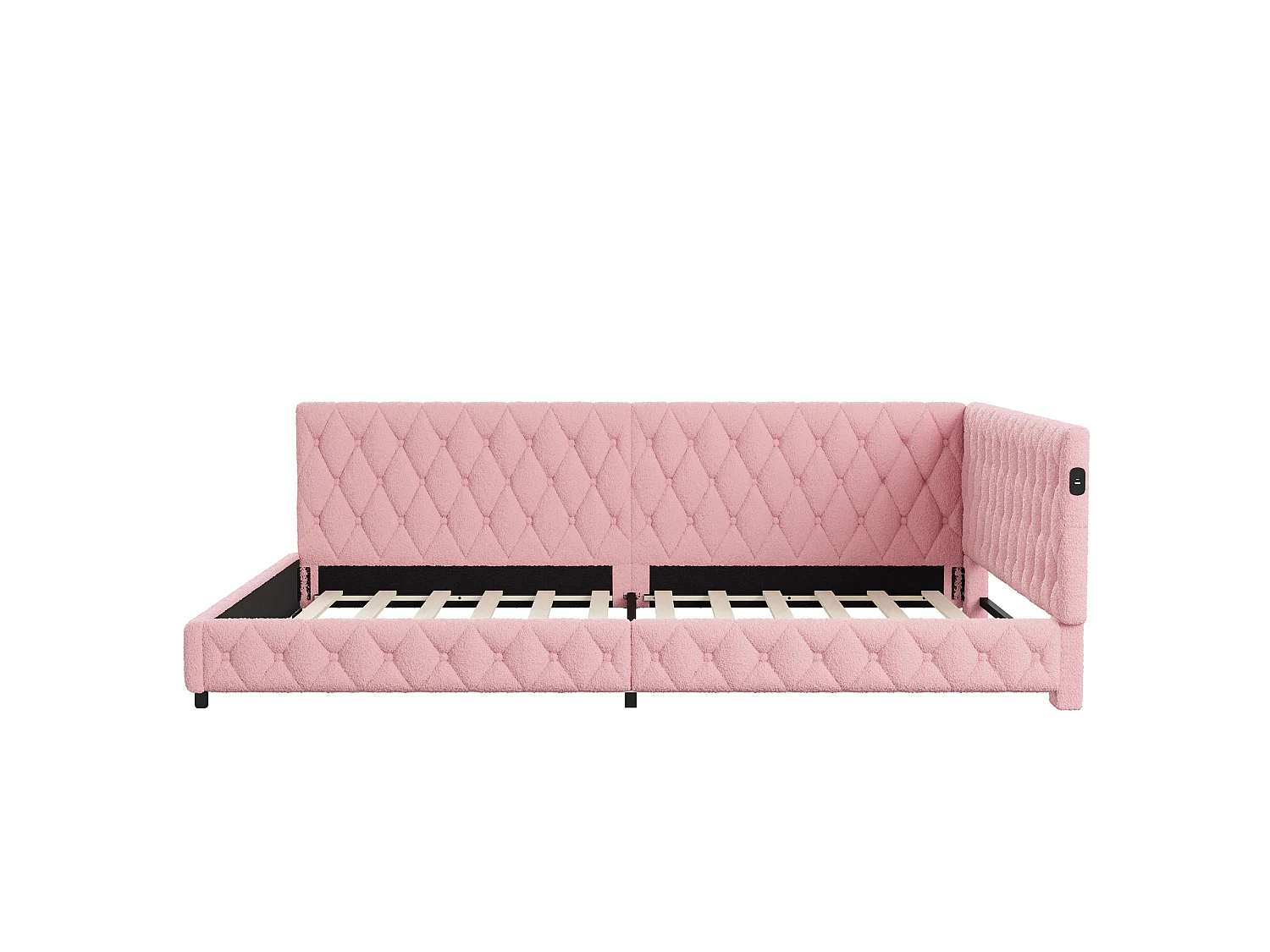 DreamMespace Canapé Lit Méridienne 140x200 cm - Lit d'Appoint en L avec Éclairage LED & USB, Tissu Bouclette Rose