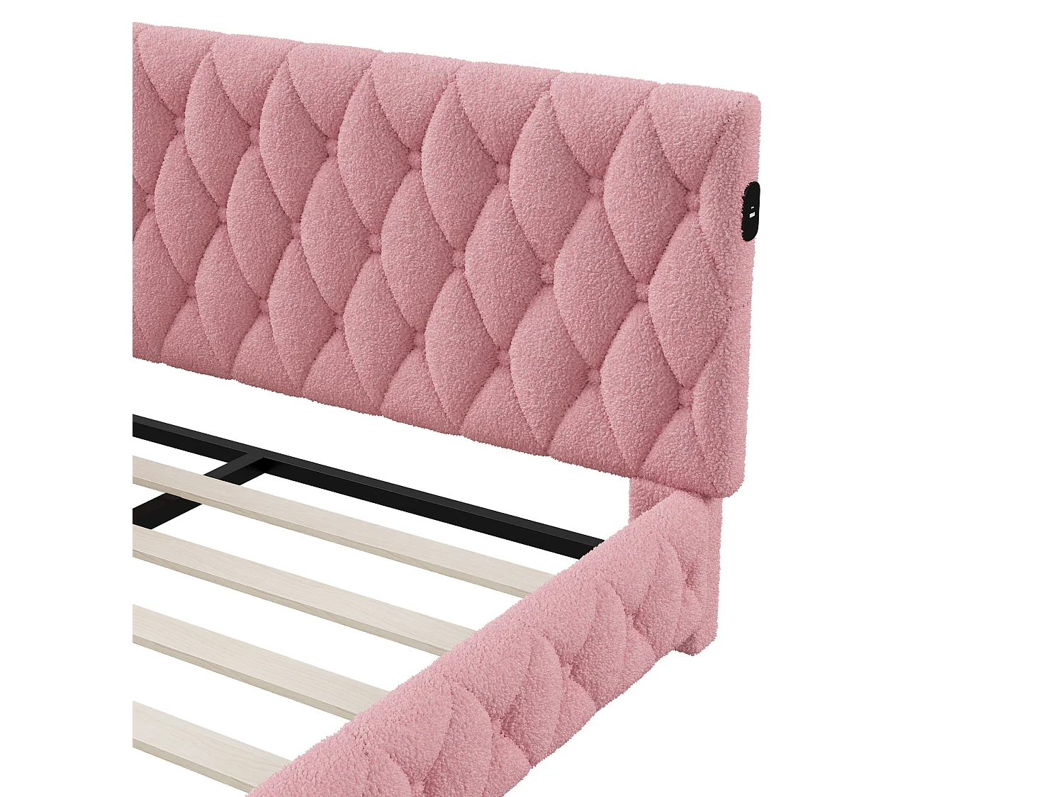 DreamMespace Canapé Lit Méridienne 140x200 cm - Lit d'Appoint en L avec Éclairage LED & USB, Tissu Bouclette Rose
